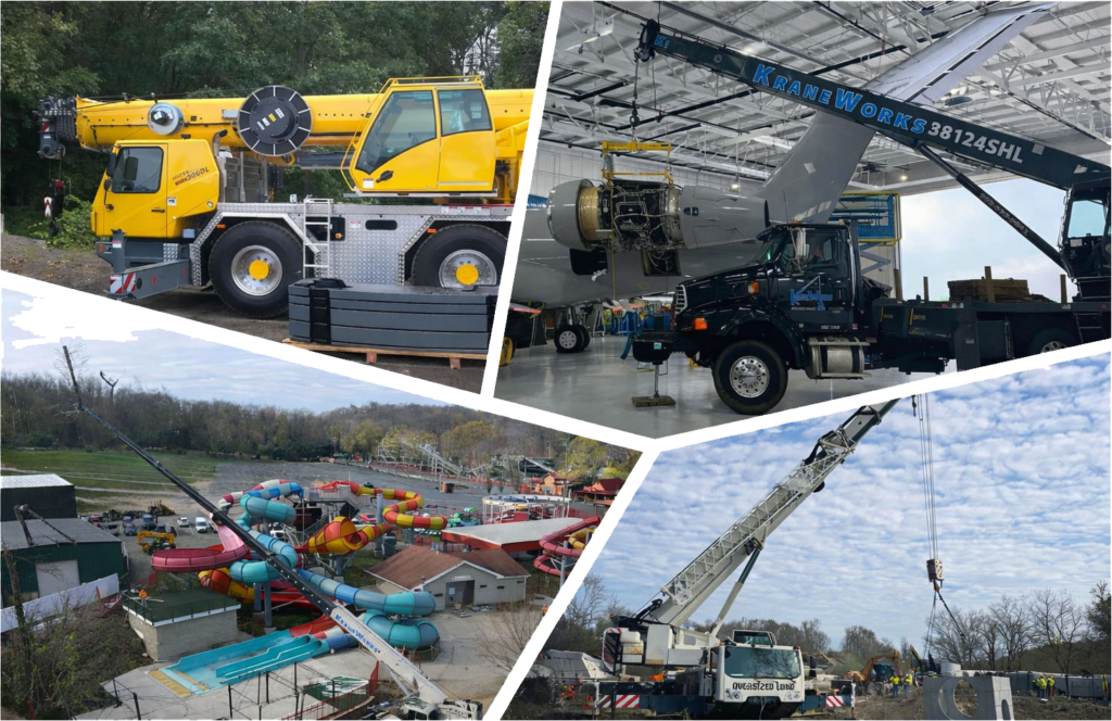 Diverse fleet of KraneWorks cranes, including all-terrain boom truck and Manitex 38124SHL, in various operational settings for construction and industrial projects.